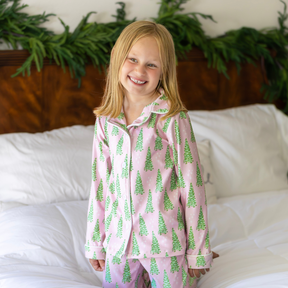 Kids Button Down PJs - Pink Christmas Tree