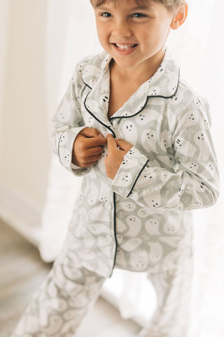 Button Down PJs - Ghosts on Grey - Sugar Bee Clothing