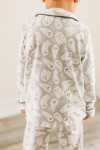 Button Down PJs - Ghosts on Grey - Sugar Bee Clothing