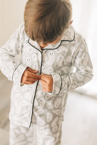 Button Down PJs - Ghosts on Grey - Sugar Bee Clothing