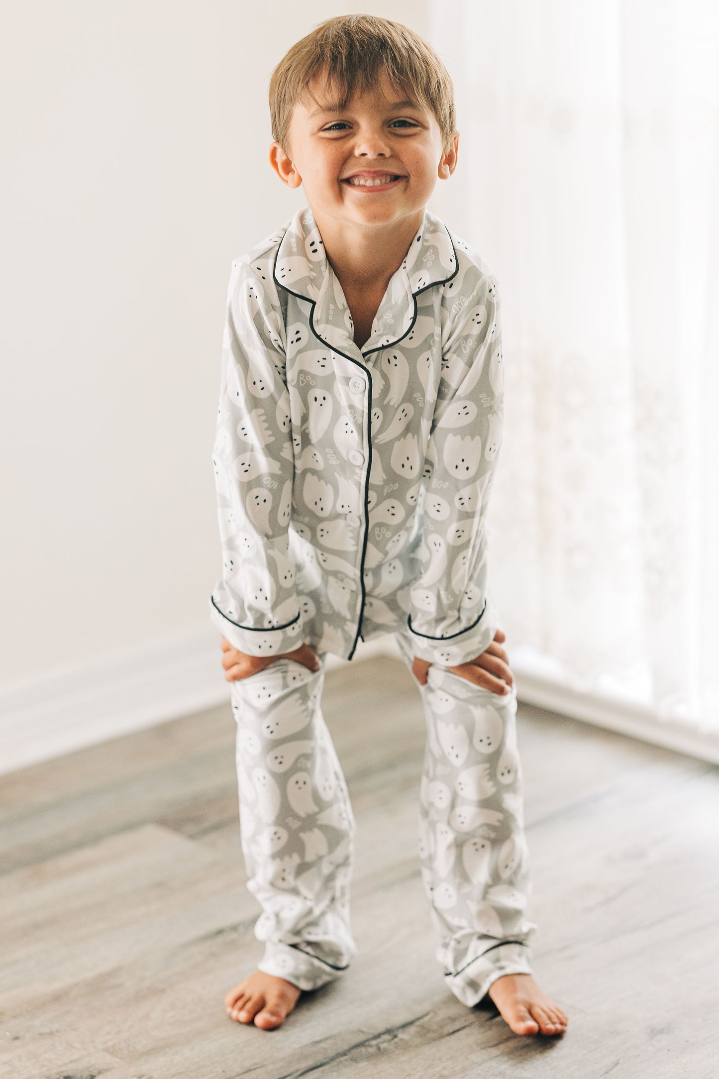 Button Down PJs - Ghosts on Grey
