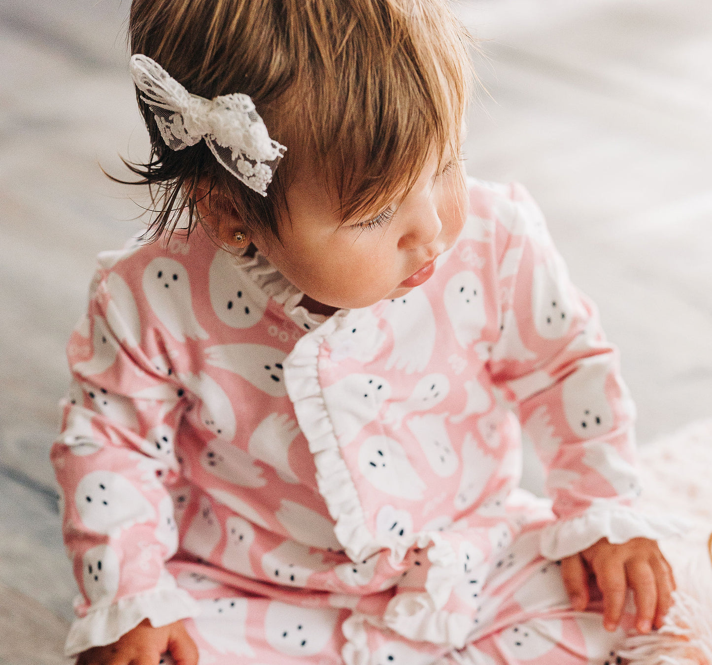 Ruffle Buttflap PJs - Ghosts on Pink