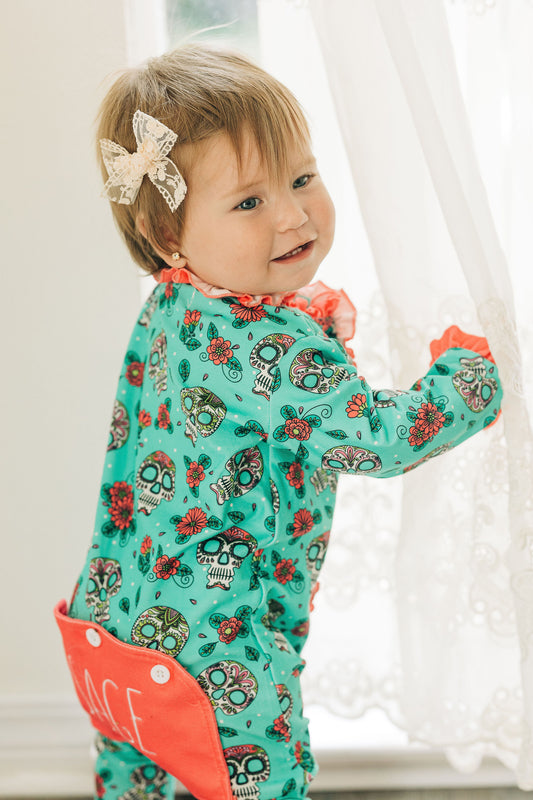 Onesie Ruffle Buttflap PJs - Sugar Skulls