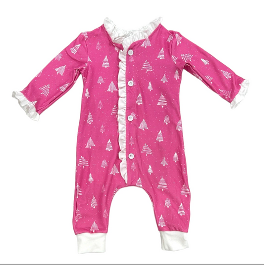 Ruffle Buttflap Pajamas - White Trees On Magenta Holiday Lounge