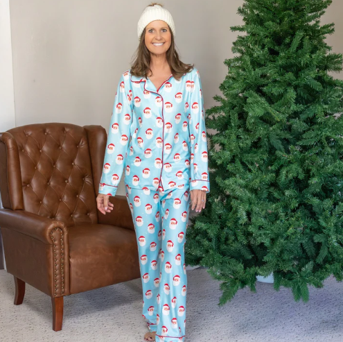 Adult Button Down Pajamas - Vintage Santa Holiday Lounge
