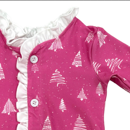 Ruffle Buttflap Pajamas - White Trees On Magenta Holiday Lounge