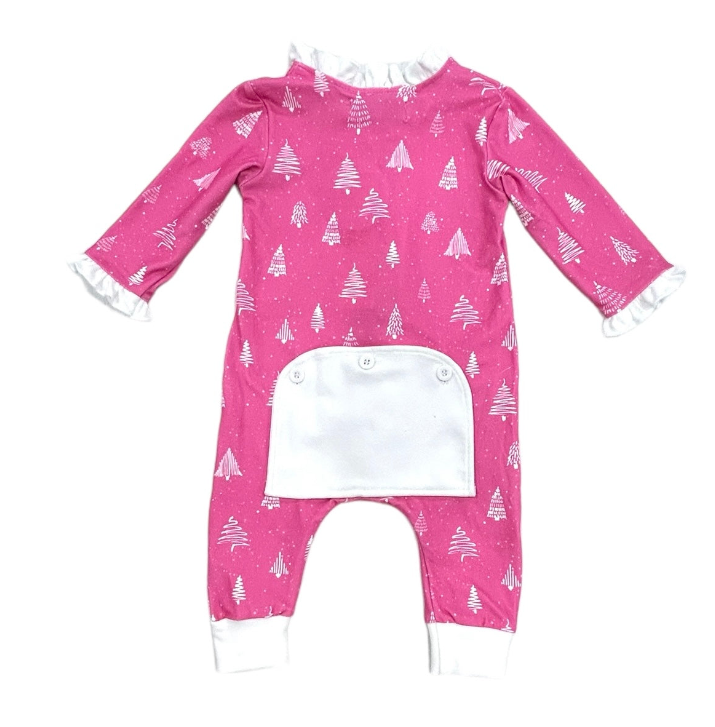 Ruffle Buttflap Pajamas - White Trees On Magenta Holiday Lounge