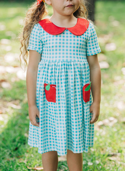 Twirl Dress - Blue Gingham with Apple Pockets