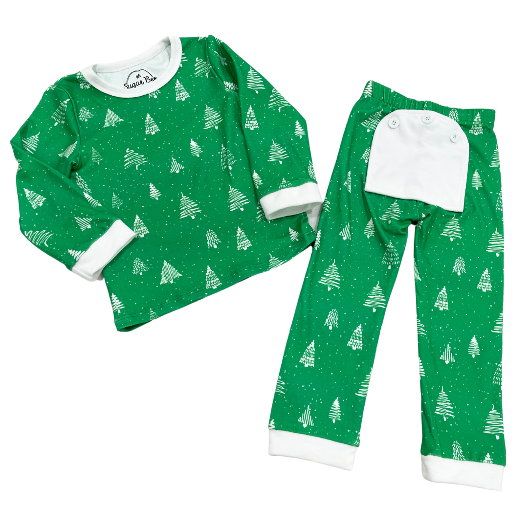 Buttflap Pajamas - White Trees On Green Holiday Lounge