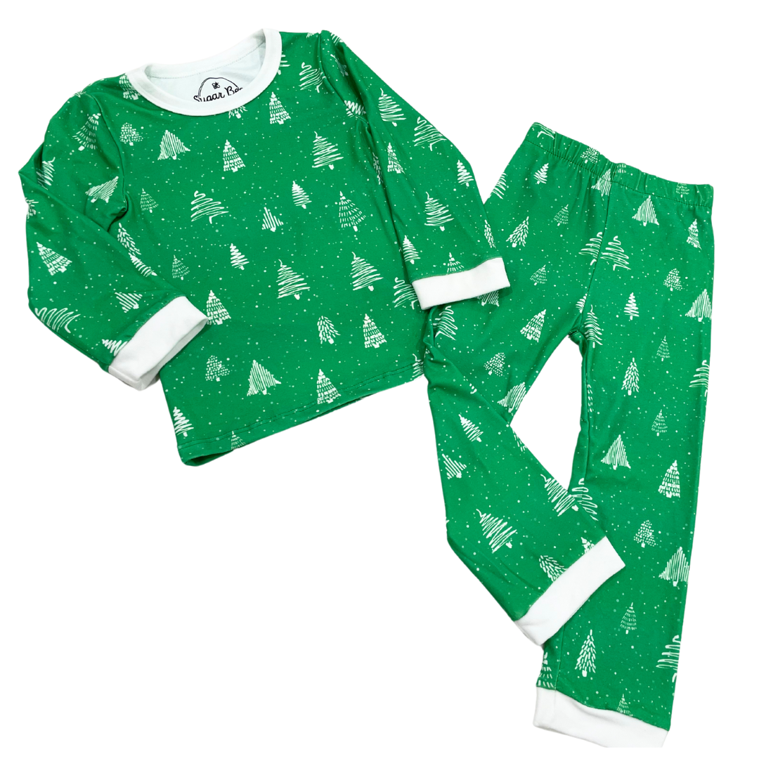 Buttflap Pajamas - White Trees On Green Holiday Lounge