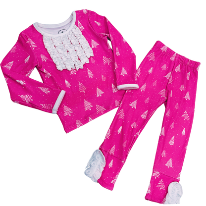 Ruffle Buttflap Pajamas - White Trees On Magenta Holiday Lounge