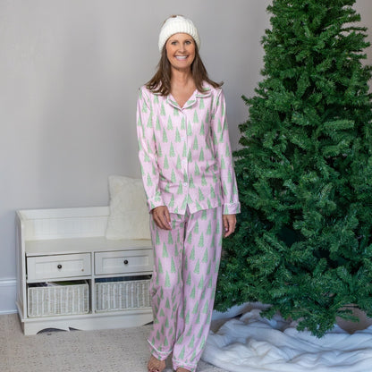 Kids Button Down PJs - Pink Christmas Tree