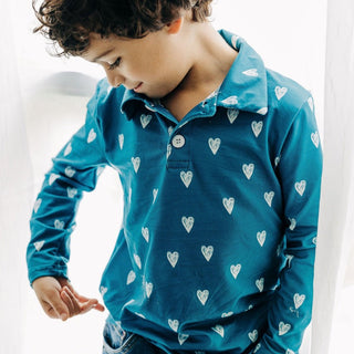Davis Long Sleeve Polo - Navy Sketch Hearts - Sugar Bee Clothing