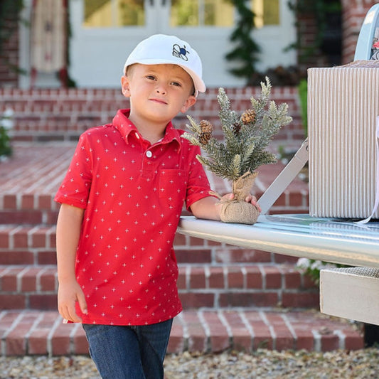 Mini Davis Short Sleeve Pocket Polo - White + on Red