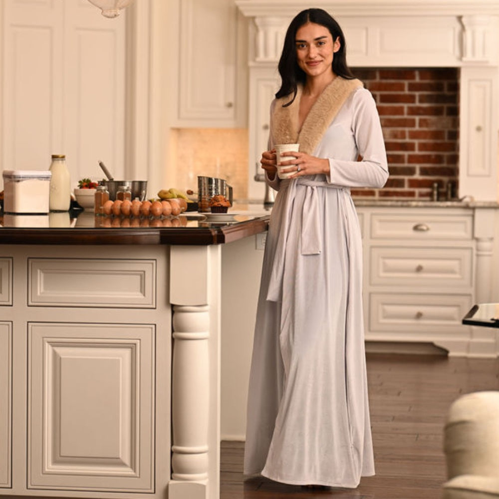 Eleanor Fur Trimmed Robe - Cafe Au Lait