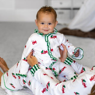 Baby Ruffle Buttflap Pajamas - Christmas Tractor Holiday Lounge - Sugar Bee Clothing