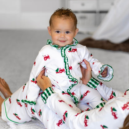 Baby Ruffle Buttflap Pajamas - Christmas Tractor Holiday Lounge