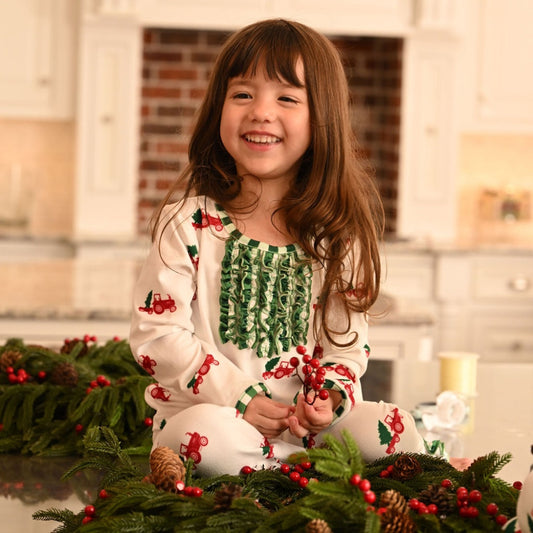 Ruffle Buttflap Pajamas - Christmas Tractor Holiday Lounge