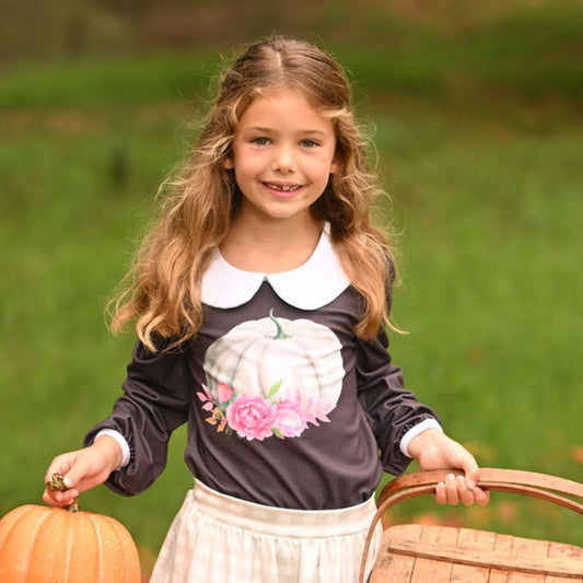 Amelia Peter Pan L/s Puff Top - Espresso Pumpkin