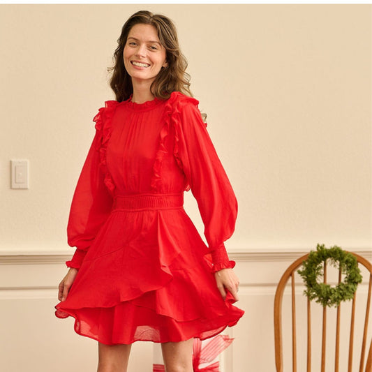 Evelyn - Holiday Red Long Sleeve Ruffle Dress