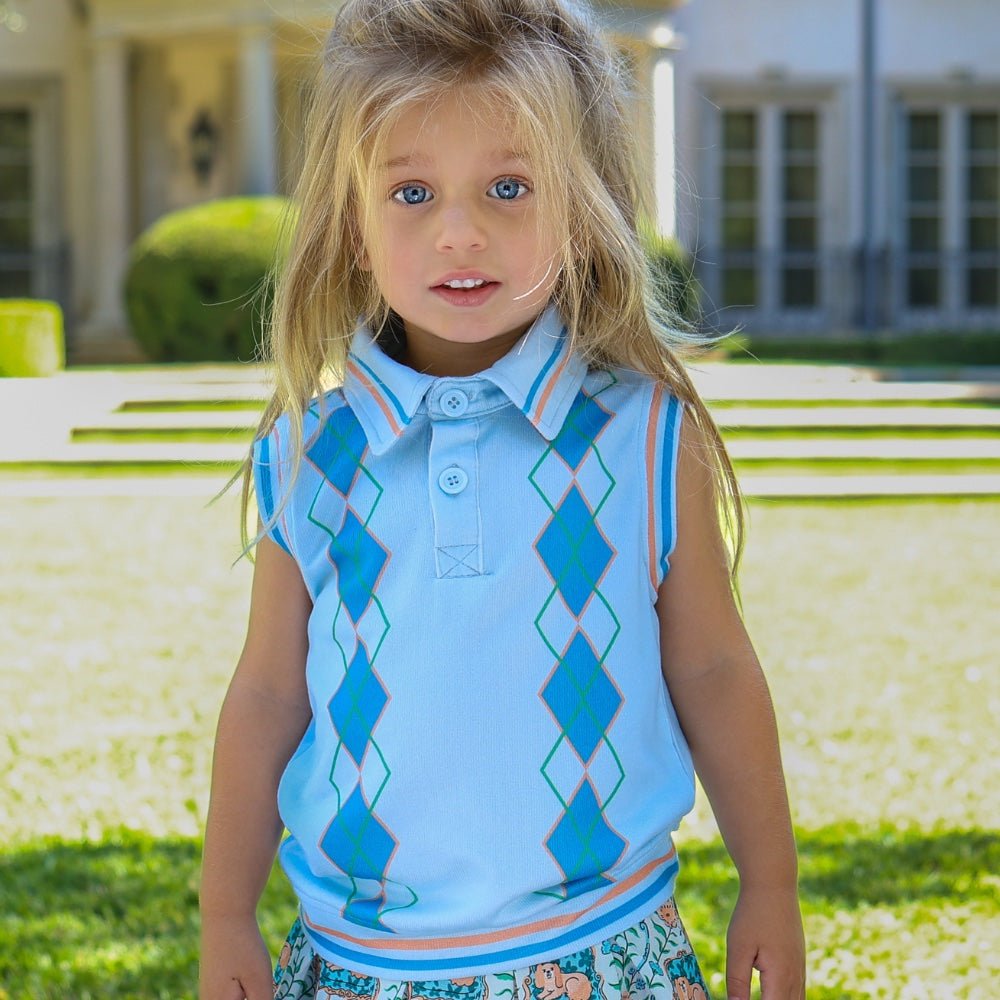 Laura Sleeveless Polo Top - Fairway Argyle - Sugar Bee Clothing