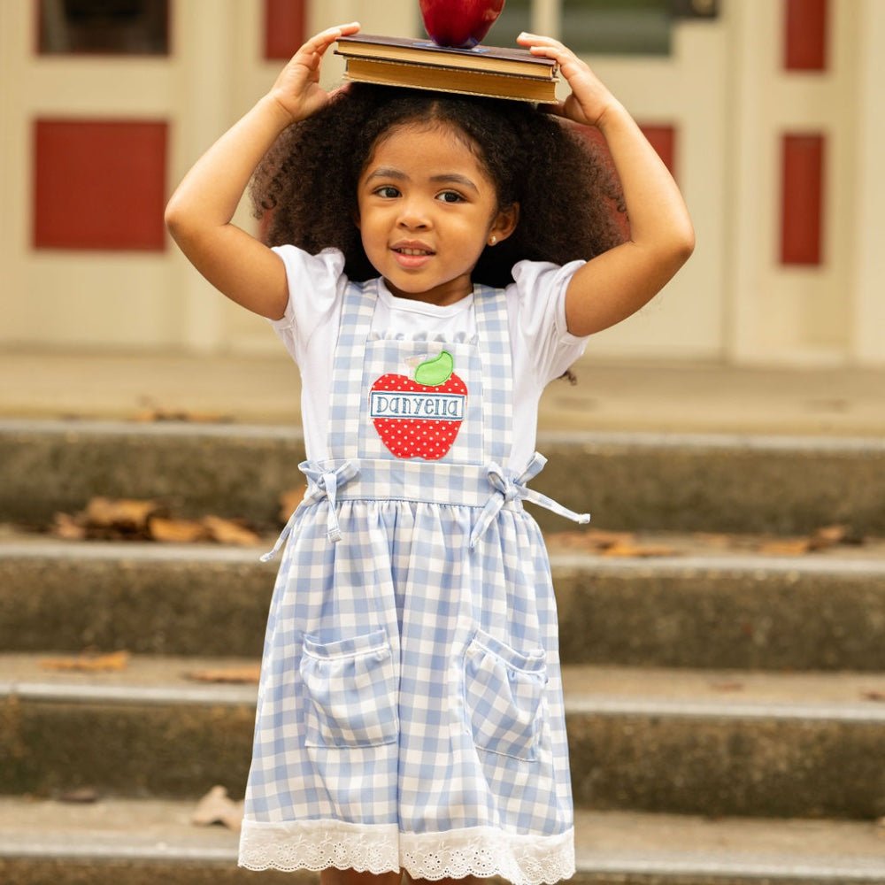 blue gingham pinafore dress Meg linen LittleWomenAtelier LIZ LISA Gingham Embroidery Pinafore