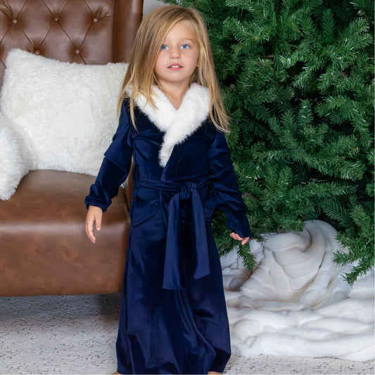 Mini Eleanor Fur Trimmed Robe - Navy
