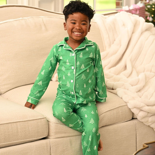 Button Down Pajamas- White Trees On Green Holiday Lounge