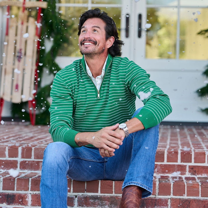 Scott 3/4 Zip Sweater Green Stripe Sugar Bee Clothing