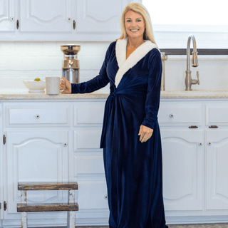 Eleanor Fur Trimmed Robe - Navy - Sugar Bee Clothing