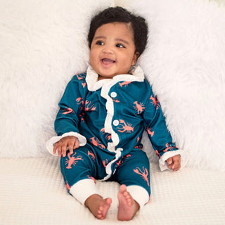 One - Piece Ruffle Buttflap Pajamas - Navy Crawfish - Sugar Bee Clothing