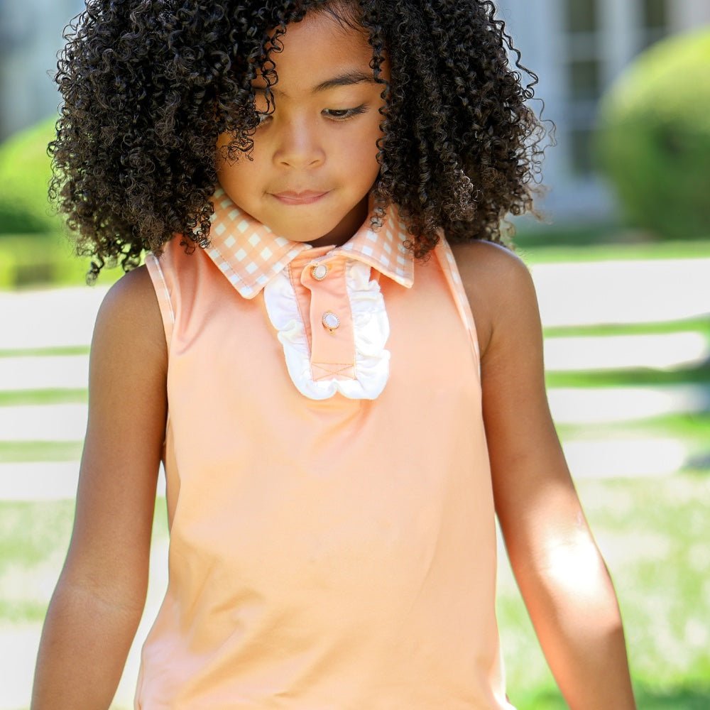 Katie Sleeveless Ruffle Polo - Peach Picnic - Sugar Bee Clothing