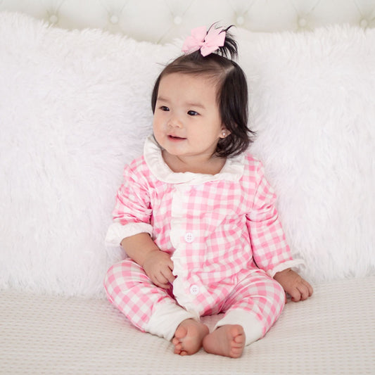 One-Piece Ruffle Buttflap Pajamas - Pink Gingham