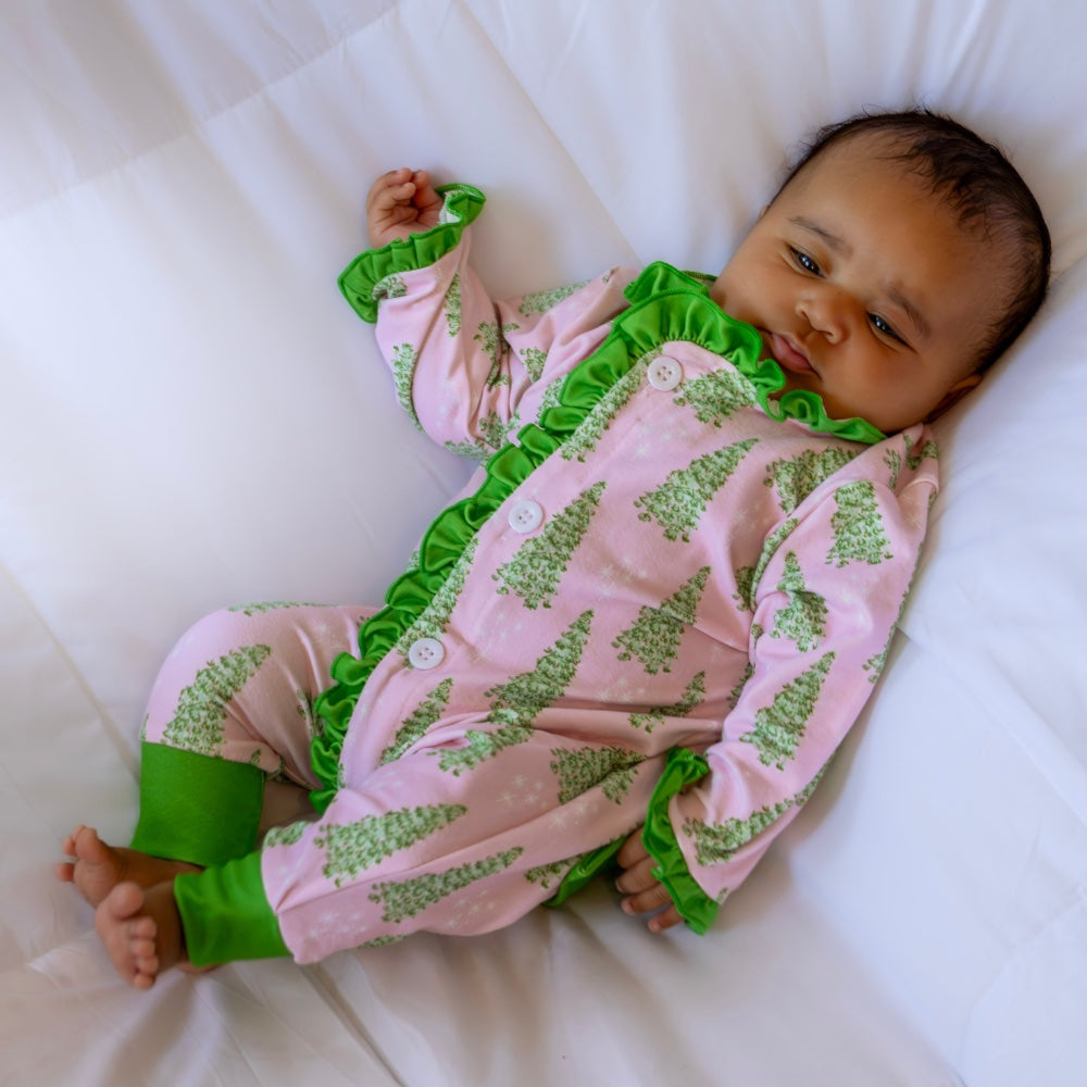 Baby Ruffle Buttflap Pajamas - Pink Christmas Tree Holiday Lounge