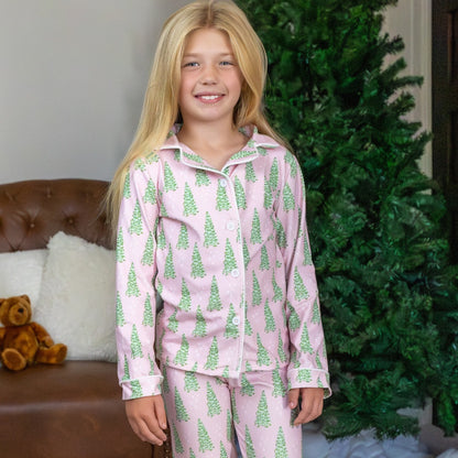 Kids Button Down PJs - Pink Christmas Tree