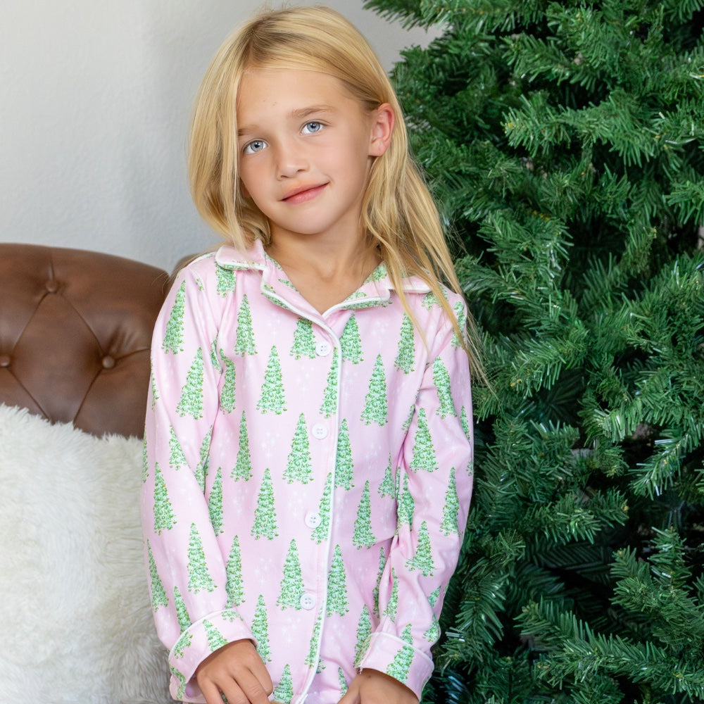 Kids Button Down PJs - Pink Christmas Tree
