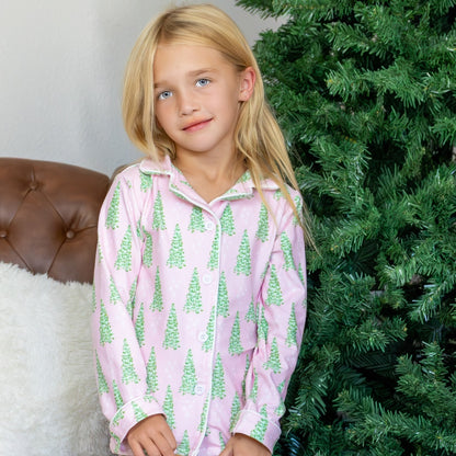 Kids Button Down PJs - Pink Christmas Tree