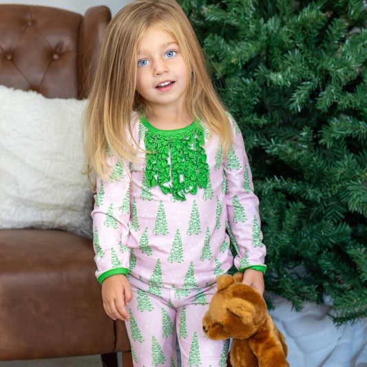 Ruffle Buttflap Pajamas - Pink Christmas Tree Holiday Lounge