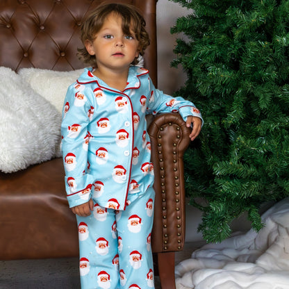 Kids Button Down Pajamas - Vintage Santa Holiday Lounge