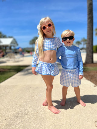 Swim Shorts - Blue Gingham - Sugar Bee Clothing