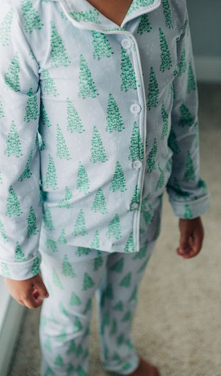 Button Down Pajamas - Blue Christmas Tree Holiday Lounge - Sugar Bee Clothing