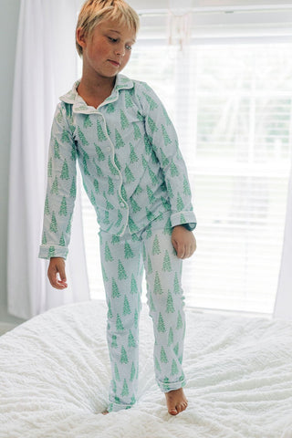 Button Down Pajamas - Blue Christmas Tree Holiday Lounge - Sugar Bee Clothing