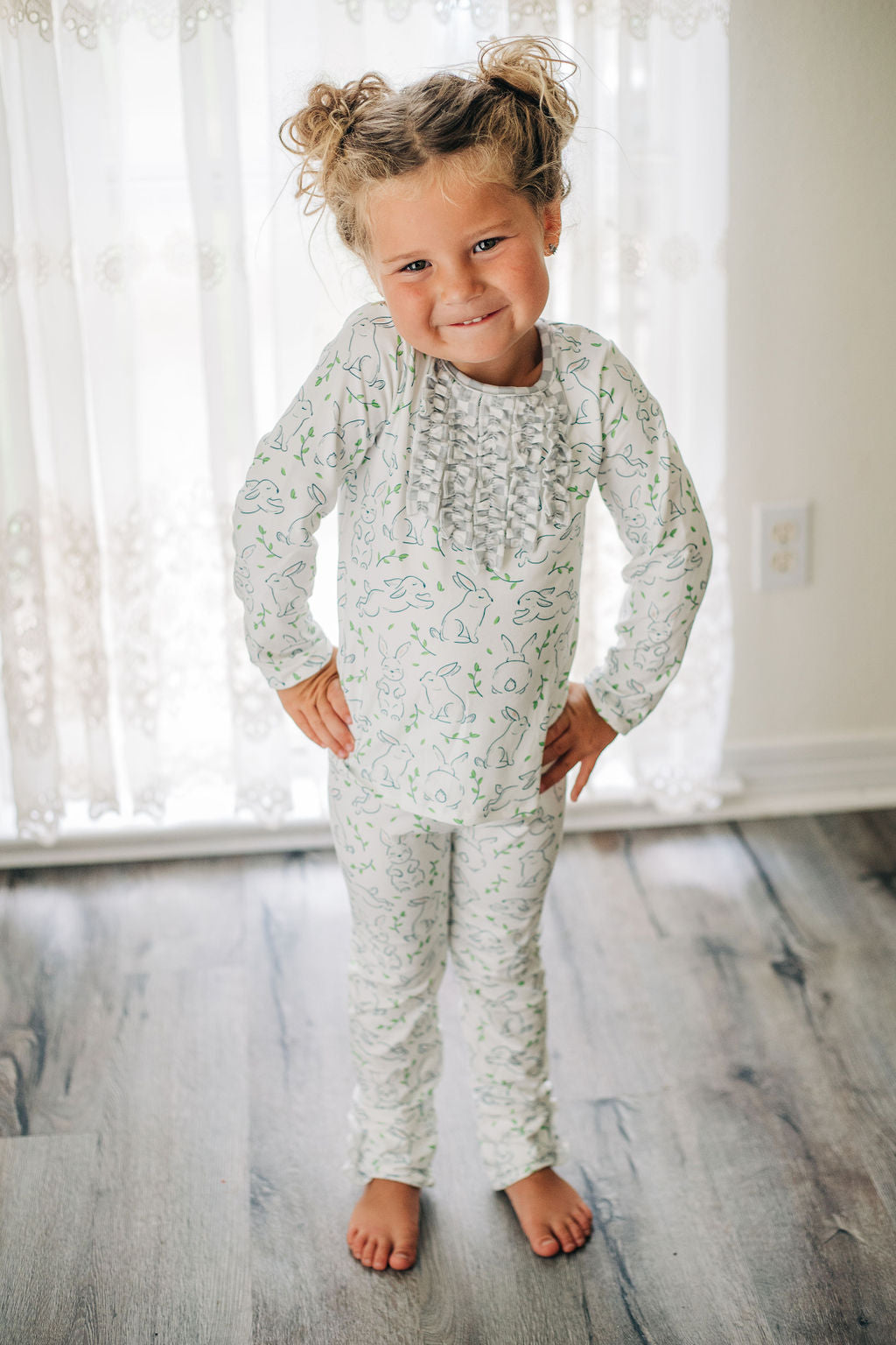 Ruffle Buttflap Pajamas - Grey Easter Girl Bunny – Sugar Bee Clothing