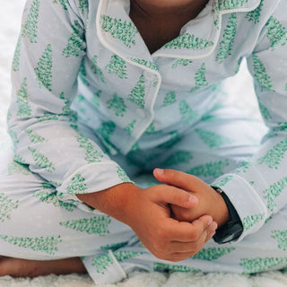 Button Down Pajamas - Blue Christmas Tree Holiday Lounge - Sugar Bee Clothing