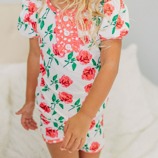 Ruffle Short Lounge Set - Fuscia Roses