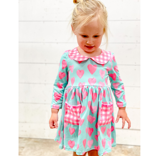 Pink Hearts on Teal Twirl Dress