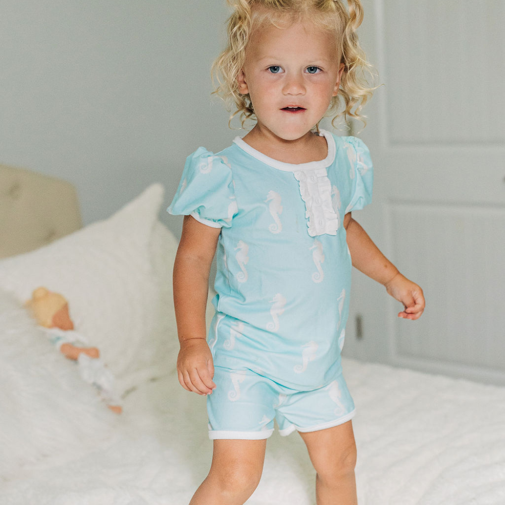 Ruffle Short Lounge Set - Seahorses